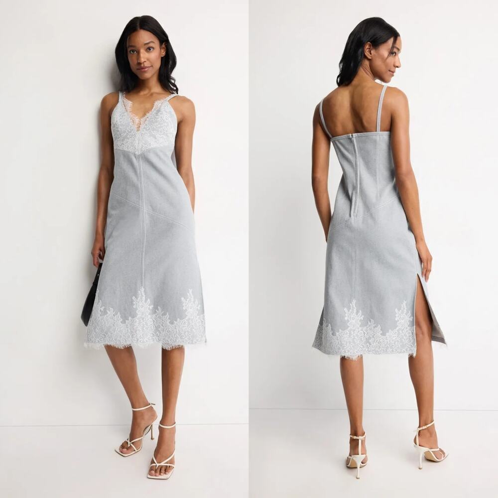 3.1 Phillip Lim Denim Slip Dress Lace Trim Sleeveless V-Neck Slit Midi Gray 2